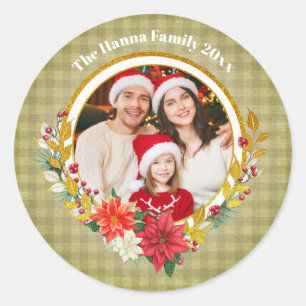 Familienfoto & Poinsettia Frohe Weihnachten Gesche Runder Aufkleber