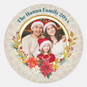 Familienfoto & Poinsettia Frohe Weihnachten Gesche Runder Aufkleber