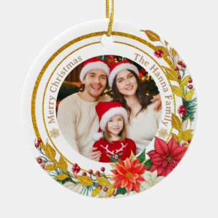 Familienfoto & Poinsettie Frohe Weihnachten Gesche Keramik Ornament