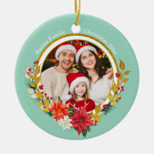Familienfoto & Poinsettie Frohe Weihnachten Gesche Keramik Ornament