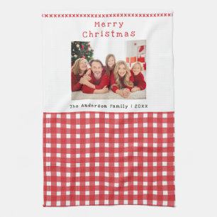 Familienfoto Rot Gingham Frohe Weihnachten Feierta Geschirrtuch