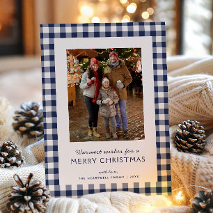 Familienfoto Rustikale Navyblaue Gingham Feiertagskarte