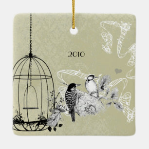 Familienfoto Vintage-Vögel & Vogelkäfig auf Damast Keramikornament