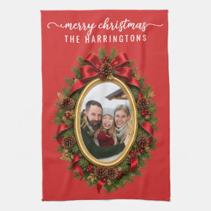 Familienfoto-Weihnachtsbaum-Kranz Elegantes Skript Geschirrtuch