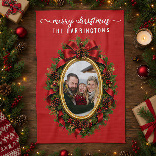 Familienfoto-Weihnachtsbaum-Kranz Elegantes Skript Geschirrtuch