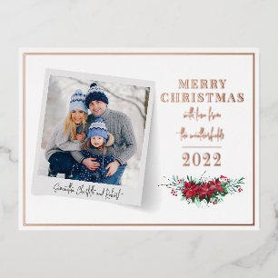 Familienfoto Weihnachtsfeiertage Floral Rose Gold Folien Feiertagspostkarte