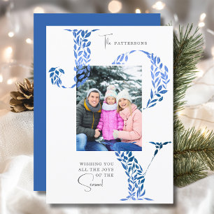 Familienfoto Weihnachtsfreude Floral Blau Weiß Feiertagskarte