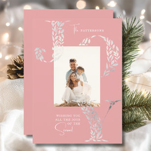 Familienfoto-Weihnachtsfreude Floral Rosa Silber Feiertagskarte