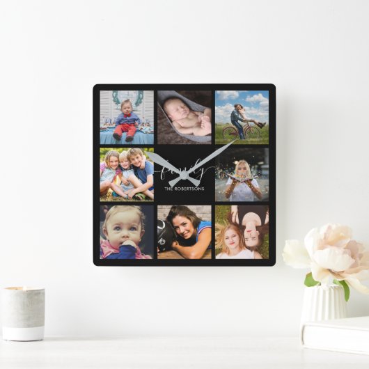 FamilienfotoCollage Schwarz Custom Quadratische Wanduhr (Zuhause)