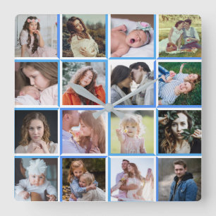 Familienfotografie Collage Blue Border 16 Instagra Quadratische Wanduhr