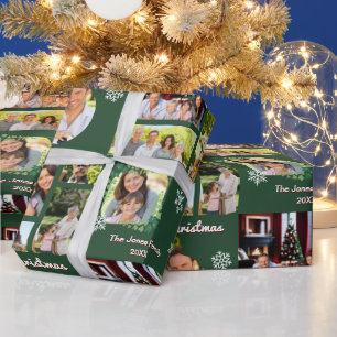 Familienfotos Frohe Weihnachten Grün Personalisier Geschenkpapier