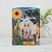 Familienfreunde sammeln einladende Sonnenblumen Einladung (Stehend Vorderseite)