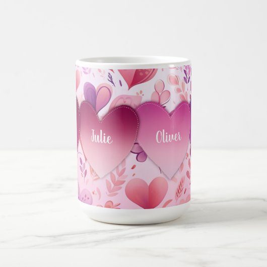 Familiengepatchte Herzen auf Muster mit Namen Kaffeetasse (Mittel)