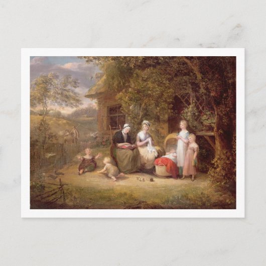 Familiengruppe vor einer Hütte (Öldose Postkarte (Vorderseite)