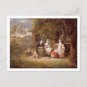 Familiengruppe vor einer Hütte (Öldose Postkarte