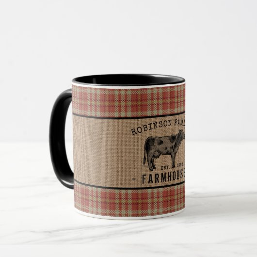 Familienhaus Kuh Red Kariert Burlap 2 Tone Tasse (Vorderseite Links)