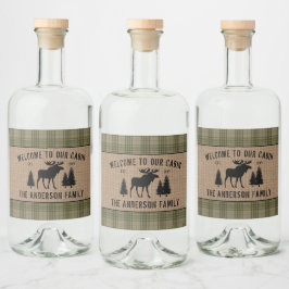 Familienhaus Moose Pine Green Kariert Burlap Label Alkoholflaschenetikett