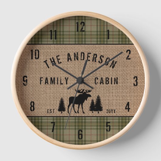 Familienhaus Moose Pine Green Kariert Burlap Uhr (Vorderseite)