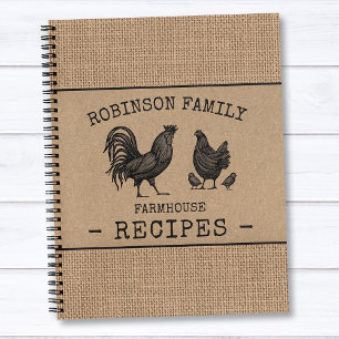 Familienhaus Rooster Hen Burlap Kraft Rezept Notizblock