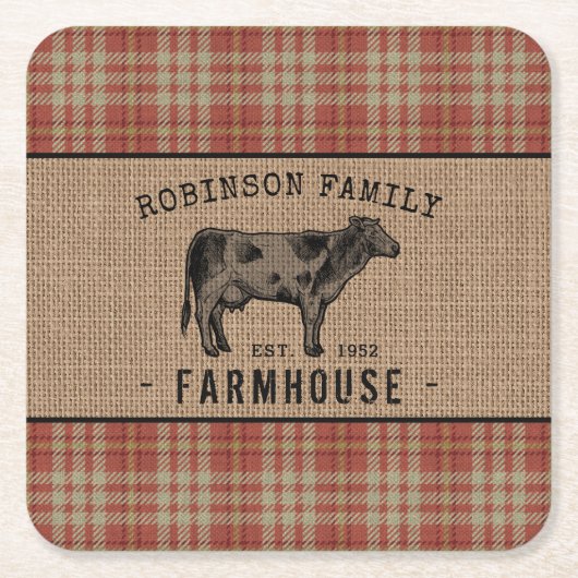 Familienhaus Rustikales Kuh Red Kariert Burlap Rechteckiger Pappuntersetzer (Vorderseite)