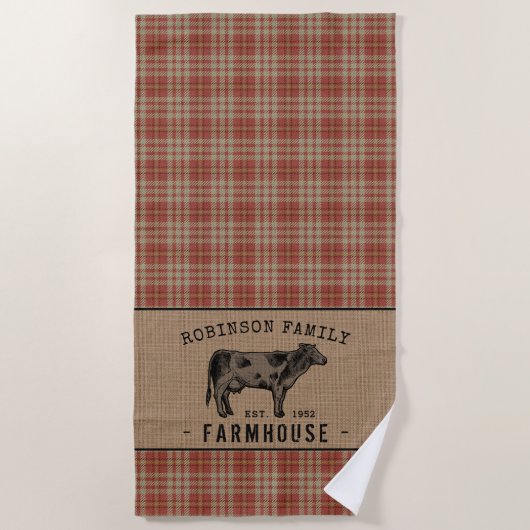 Familienhaus Rustikales Kuh Red Kariert Burlap Strandtuch (Vorderseite)