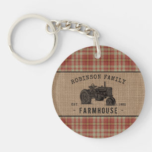 Familienhaus Tractor Red Kariert Burlap 2 Seite Schlüsselanhänger
