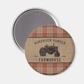 Familienhaus Tractor Red Kariert Burlap Round Magnet (Vorderseite/Rückseite)