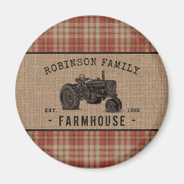 Familienhaus Tractor Red Kariert Burlap Round Magnet