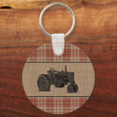 Familienhaus Tractor Red Kariert Burlap Round Schlüsselanhänger (Rückseite)