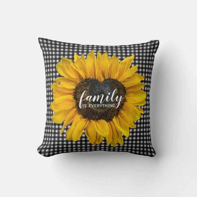 Familienherz Sonnenblume auf Gingham Kissen (Vorderseite)