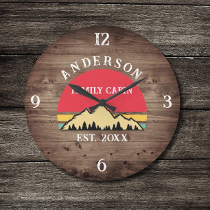 Familienhütte Rustikal Retro Bäume Familienname Große Wanduhr