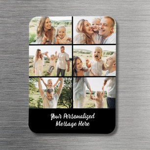 Familienindividuelle schwarze 6-Foto-Collage Text Magnet