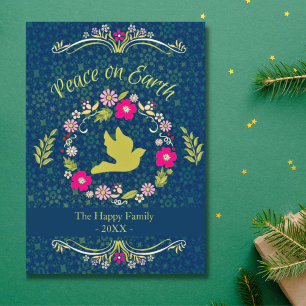 Familienkranz Botanisch Vintage Frieden Weihnachte Feiertagskarte
