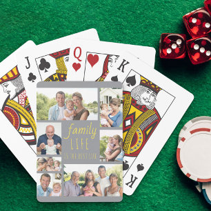 Familienleben Foto-Collage 7 Bilder Grau Gelb Spielkarten