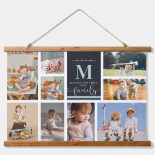 Familienmonogramm   Moderne Farbblock-Fotocollage Wandteppich Mit Holzrahmen