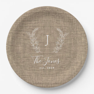 Familienmonogramm Name personalisierte Jute rustik Pappteller