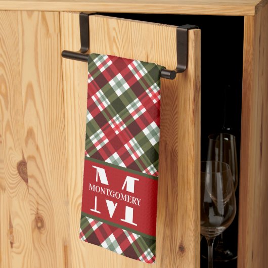 Familienmonogramm Weihnachtskariert Geschirrtuch (Drittel gefaltet)