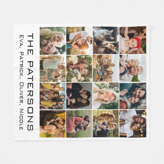 Familienname 16 Foto Collage Moderne Elegante Schw Fleecedecke (Vorderseite (Horizontal))