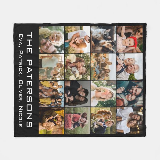 Familienname 16 Foto Collage Moderne Elegante Schw Fleecedecke (Vorderseite (Horizontal))