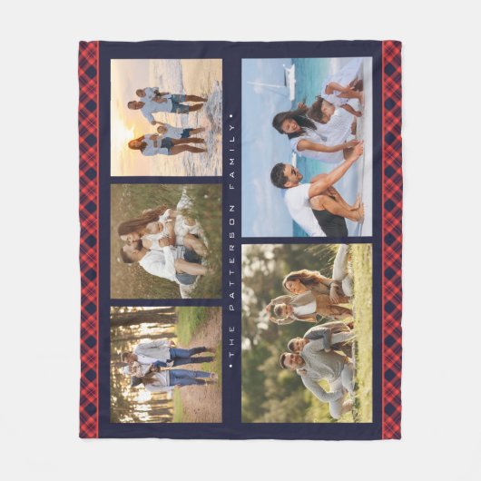 Familienname 5 FotoCollage Rot Kariert Moderne Fleecedecke (Vorderseite)