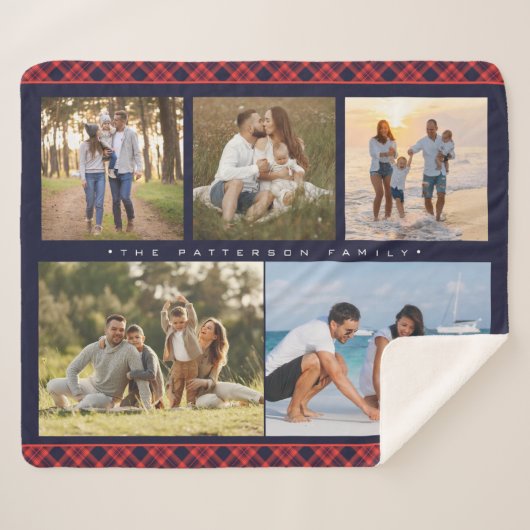 Familienname 5 FotoCollage Rot Kariert Moderne Sherpadecke (Vorderseite (Horizontal))