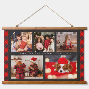 Familienname 5 FotoCollage Rot Kariert Moderne Wandteppich Mit Holzrahmen
