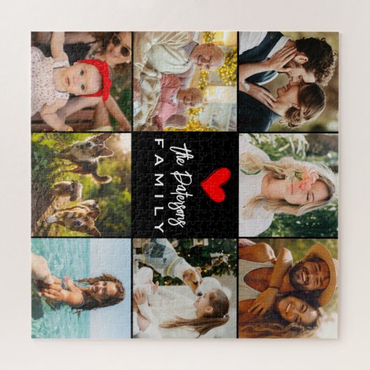 Familienname 8 Foto Collage Moderne Elegante Schwa Puzzle (Horizontal)