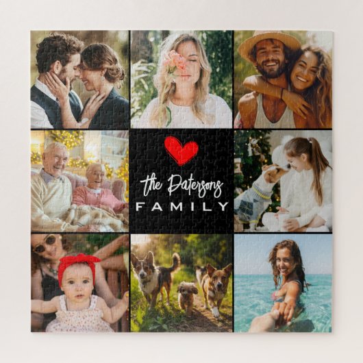 Familienname 8 Foto Collage Moderne Elegante Schwa Puzzle (Vertikal)