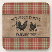 Familienname Bauernhof Vintag Red Kariert Burlap Getränkeuntersetzer (Vorderseite)