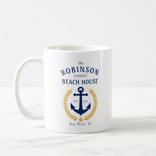 Familienname Beach House Anchor Gold Style Laurel Kaffeetasse (Links)