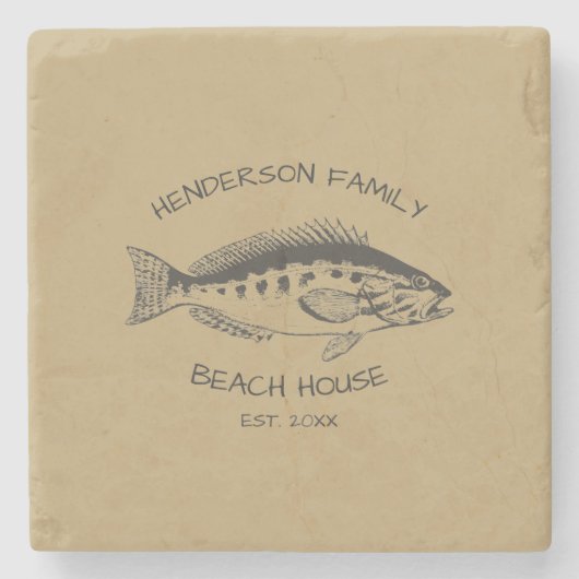 Familienname Beach House Fisch Steinuntersetzer (Vorderseite)