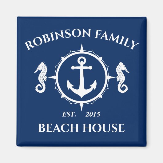 Familienname Beach House Seepferd Anchor Navy Blue Magnet (Vorne)