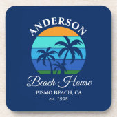 Familienname Beach House Sun Palm Trees Blue Getränkeuntersetzer (Vorderseite)