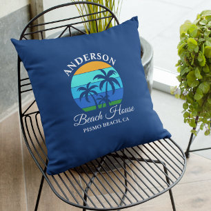 Familienname Beach House Sun Palm Trees Blue Kissen